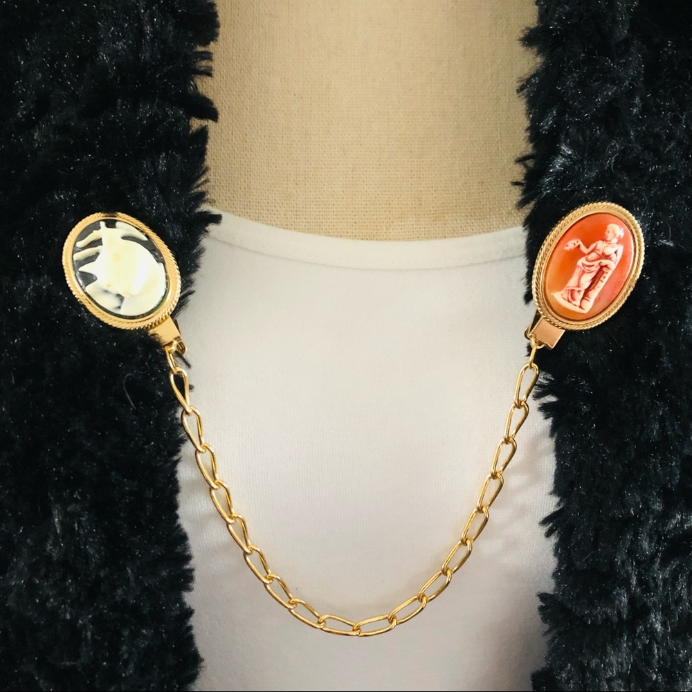 Vintage repurpose cameo scarf clothing clips with chain